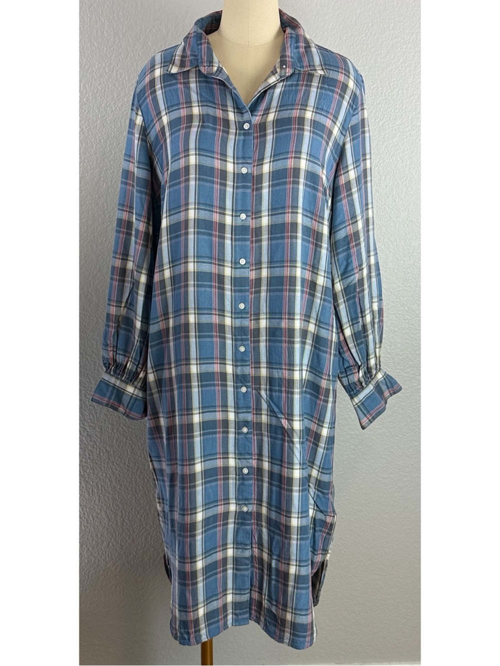 Lauren Ralph Lauren LRL Women’s Shirtdress Blue Pink Gray Plaid Flannel size 12 - Picture 2 of 15